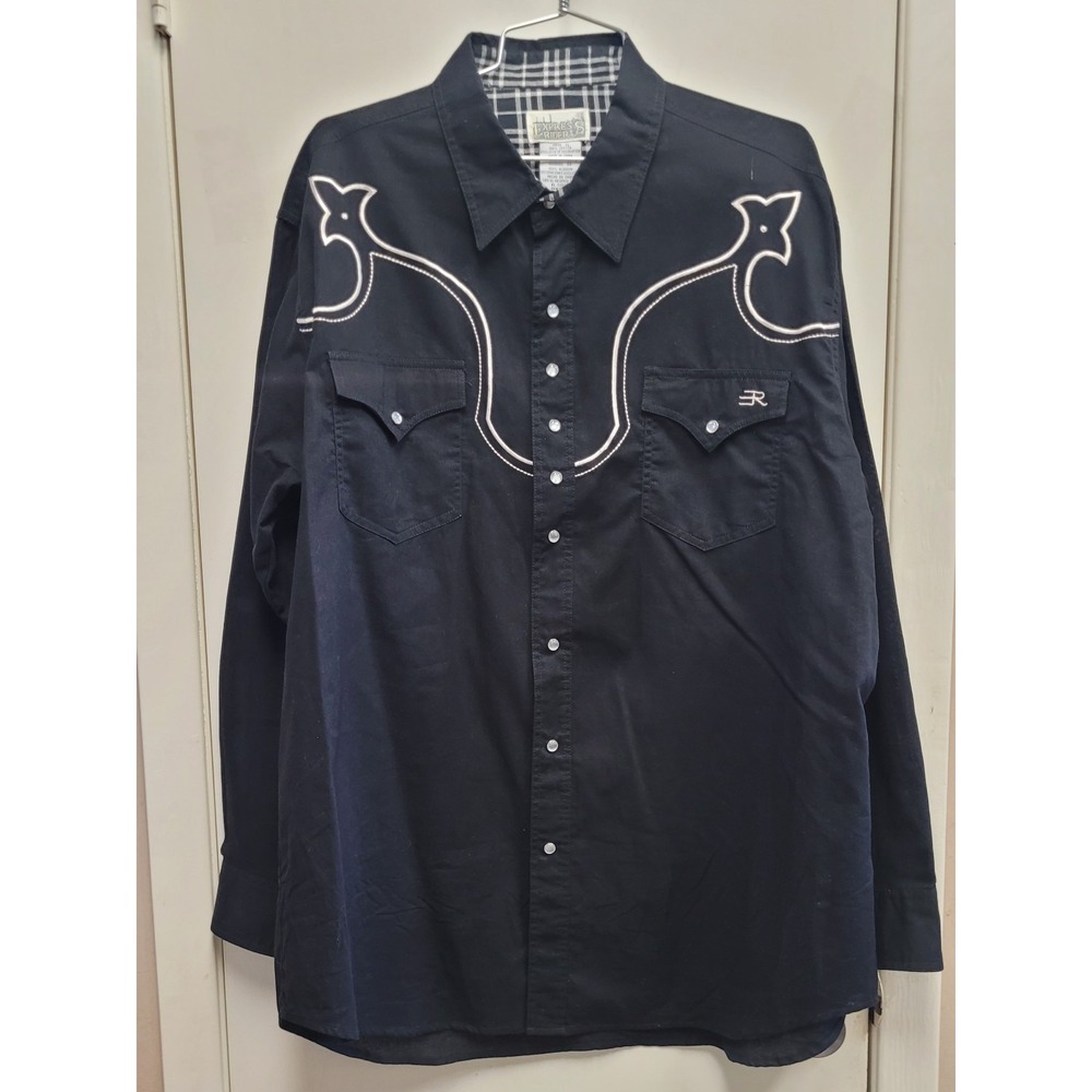 Express Riders Men's XL Long Sleeve Pearl Snap Western Black White Shirt‎ EUC XL